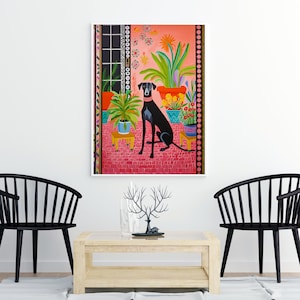 May include: A painting of a black dog sitting on a pink tiled floor with potted plants and flowers in the background. The dog is wearing a red collar and the plants are in colorful pots.
