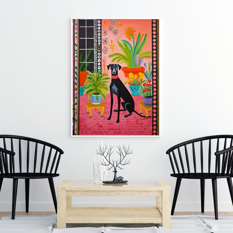 May include: A painting of a black dog sitting on a pink tiled floor with potted plants and flowers in the background. The dog is wearing a red collar and the plants are in colorful pots.