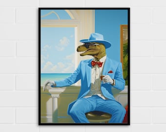 Dapper Velociraptor Art Print | Stylish Dinosaur Portrait