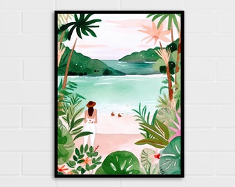 May include: A watercolor painting of a woman standing on a beach with lush green tropical foliage and a view of a calm blue ocean. The woman is wearing a white dress and a brown hat.