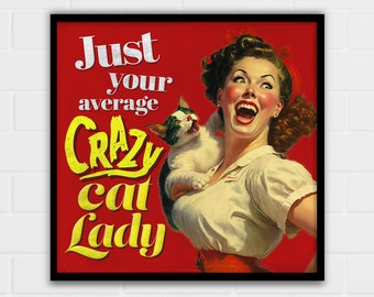 Crazy Cat Lady Art Print | Cat Lover Gift | Red | Multiple Sizes