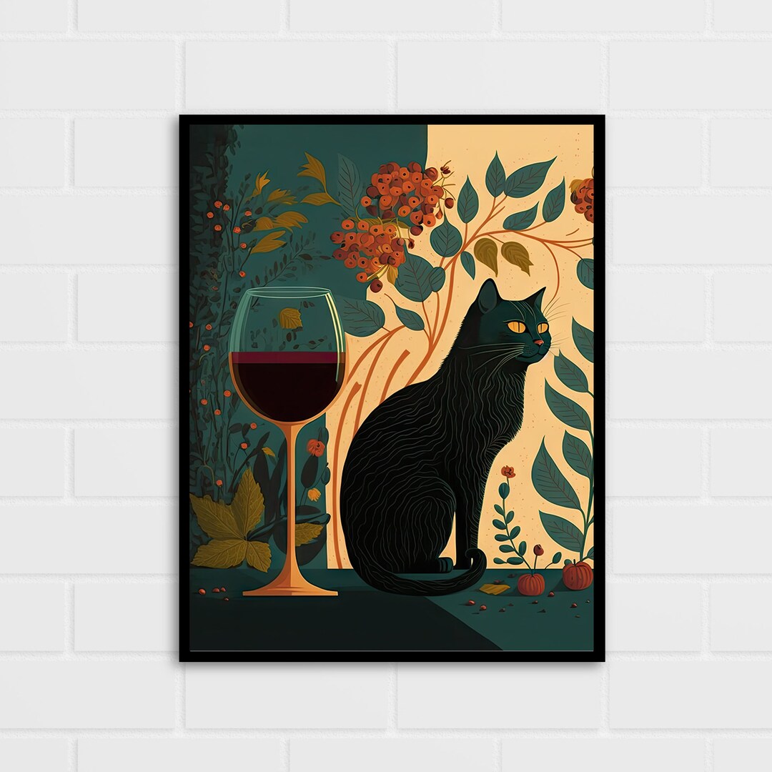 Cat With Wine Art Print | Whimsical Botanical Wall Decor - Etsy