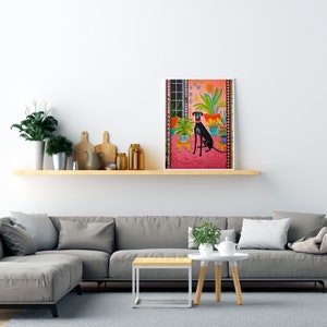 May include: A colorful painting of a black dog sitting in a room with plants and a window. The dog is wearing a red collar and the room is decorated with bright colors and patterns.