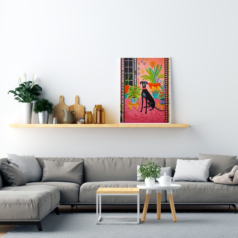 May include: A colorful painting of a black dog sitting in a room with plants and a window. The dog is wearing a red collar and the room is decorated with bright colors and patterns.