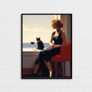 Lady and Cat by the Window Art Print | Cat Lover Gift | Jack Vettriano Style Art | Red Wine and Cat | Multiple Sizes