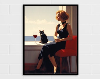 Lady and Cat by the Window Art Print | Cat Lover Gift | Jack Vettriano Style Art | Red Wine and Cat | Multiple Sizes
