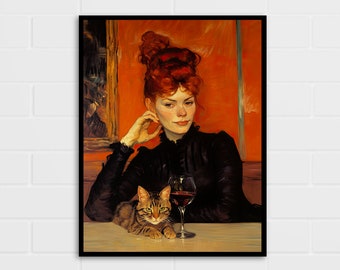 Lady with Cat and Wine Art Print | Post Impressionism Art | Toulouse Lautrec Style | Multiple Sizes