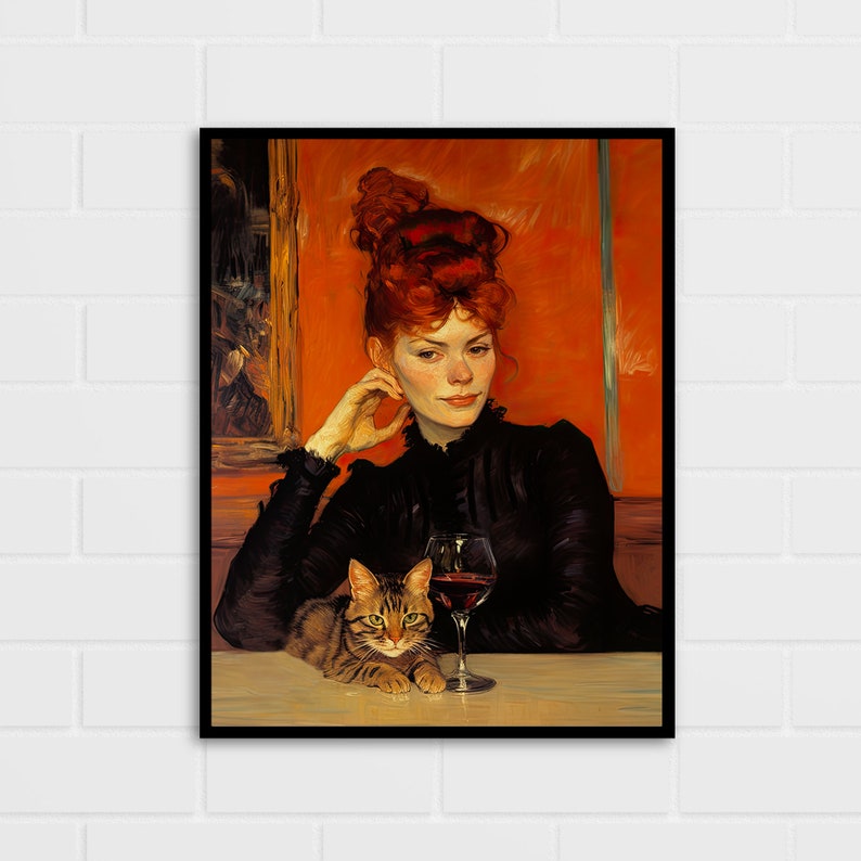 May include: A painting of a woman with red hair sitting at a table with a glass of red wine and a cat. The woman is wearing a black dress and has a serious expression on her face. The cat is lying on the table next to the glass of wine.