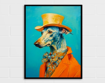 May include: A painting of a dog wearing a yellow top hat and an orange jacket with a patterned bow tie. The dog has blue and white fur and is set against a turquoise background.