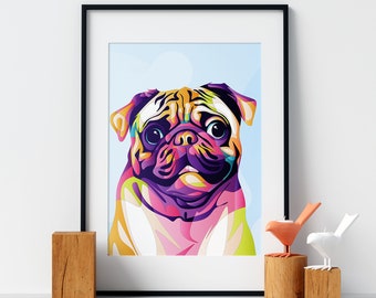 May include: A colorful pop art style illustration of a pug dog with a light blue background. The dog's fur is a mix of pink, yellow, green, and purple.