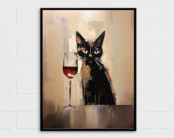 Cat and Wine Art Print | Impressionist Style, Cat Lover Gift