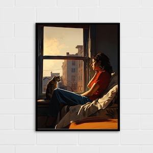 Cat and Lady by the Window Art Print | Cat Lover Gift | Jack Vettriano Style Art | Multiple Sizes
