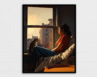 Cat and Lady by the Window Art Print | Cat Lover Gift | Jack Vettriano Style Art | Multiple Sizes