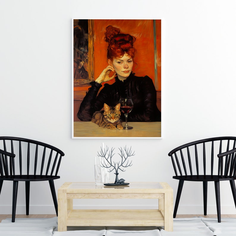 May include: A painting depicting a woman with red hair seated at a table, holding a glass of red wine. A cat is lying on the table beside her. The woman is wearing a black dress and has a thoughtful expression.
