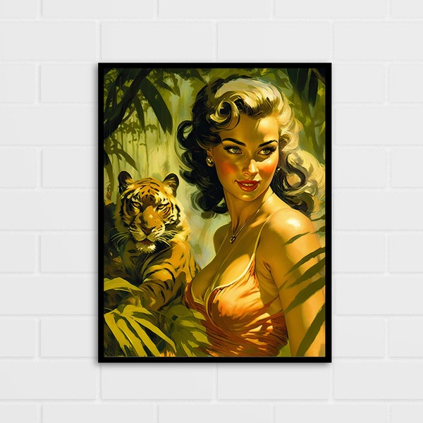 Woman and Tiger Art Print | Gil Elvgren Style | Classic style | Multiple Sizes