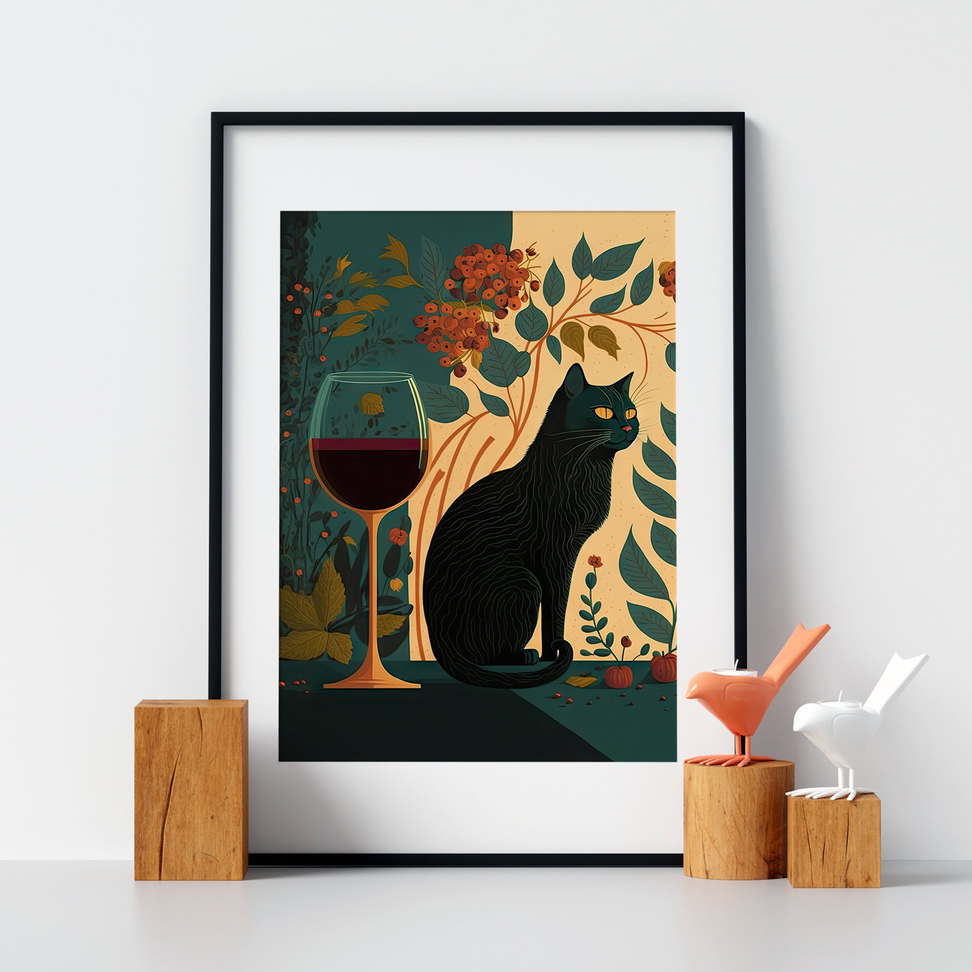 Cat With Wine Art Print | Whimsical Botanical Wall Decor - Etsy
