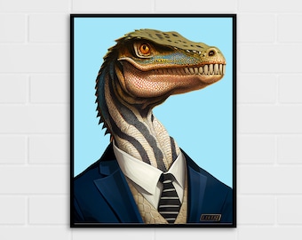 Dinosaur Poster | Suited Velociraptor Art Print | Multiple Sizes
