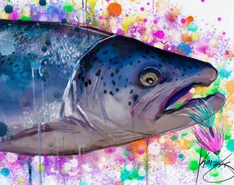Steelhead Fly Fishing Digital Watercolor Art Prints, Fish drawing, Fishing Illustration, Fishing art, Fly fishing, Fishing, Trout, Salmon