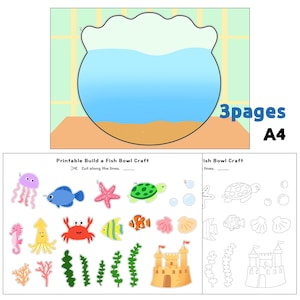 Op de afbeelding: Een printbaar vissenkom knutselwerk met kleurrijke zeedieren en een vissenkom omtrek. Inclusief een kwal, vissen, zeesterren, schildpadden, zeepaardjes, octopussen, krabben en meer. De tekst "Printable Build a Fish Bowl Craft" is zichtbaar.