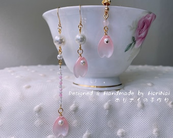 Shell Pearls Hook/Stud Earring with Cherry Petal Pendant- Sakura Earrings-Lolita Fashion- Wa/Qi/Han Style- gold plated