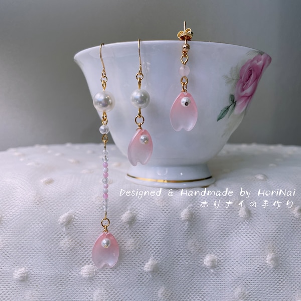 Shell Pearls Hook/Stud Earring with Cherry Petal Pendant- Sakura Earrings-Lolita Fashion- Wa/Qi/Han Style- gold plated