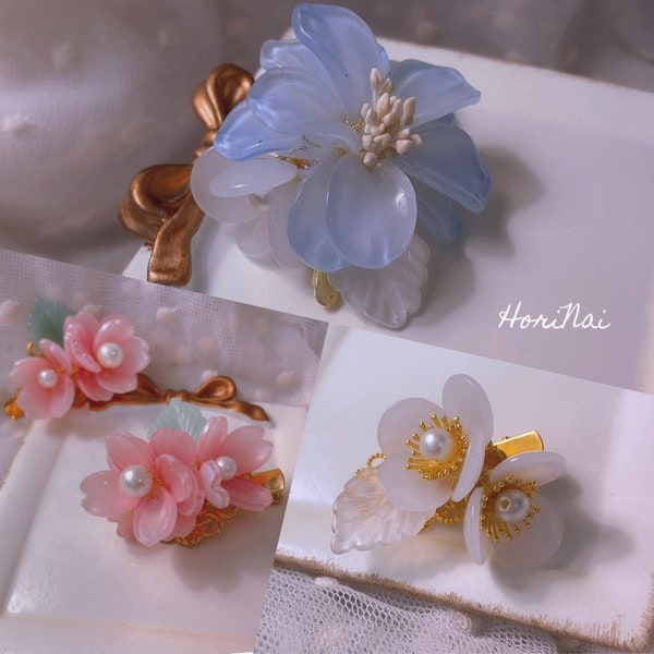 Glazed Glass Flower Leaf Hair Clips- flower hair clips- hanfu hair clips- Wa Lolitafashion- Sakura- cherry blossom- kapok- plum blossom