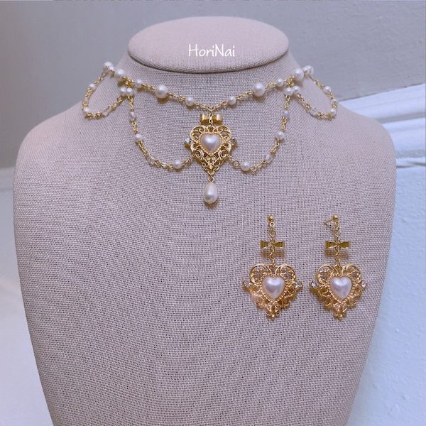 Classic Shell Pearl Beads Necklace and Earrings with Teardrop Pendant cla bride tea party lolita Victorian Style Jewelry