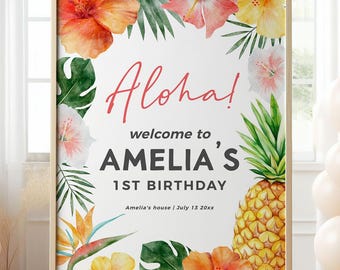 Tropical Summer Birthday Welcome Sign, Hawaiian Party Welcome Board, Girl Luau Party, Instant Download, Editable/Printable template, #H058