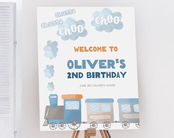 Panneau de bienvenue modifiable d'anniversaire de train, panneau de bienvenue de train de Choo Choo, décoration d'anniversaire de garçon, téléchargement immédiat, modèle imprimable, #H028