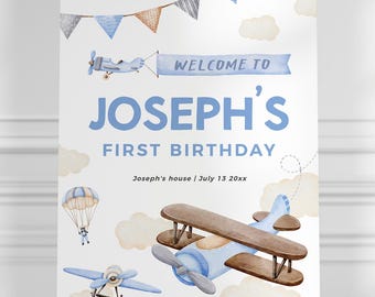 Airplane Birthday Welcome Sign, Vintage Airplane Welcome Board, Boy 1st Birthday Decor, Instant Download, Editable/Printable template, #H059