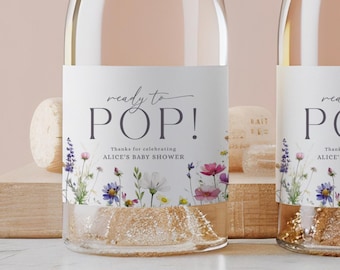 Etiquetas para mini botellas de champán para baby shower "Baby in Bloom": Fiesta floral en el jardín (Descarga instantánea, plantilla editable/imprimible) #S074