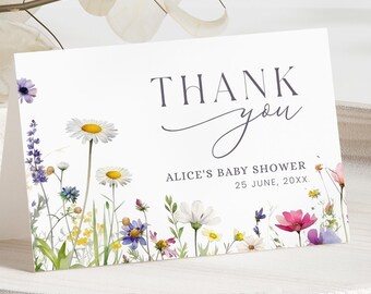 Tarjeta de agradecimiento plegable para baby shower "Baby in Bloom": Wildflower (Descarga instantánea, plantilla editable/imprimible) #S074
