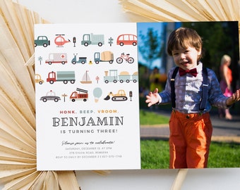 May include: A birthday invitation with a colorful illustration of various vehicles and a photo of a young boy. The text reads "HONK. BEEP. VROOM. BENJAMIN IS TURNING THREE!" with details about the party.