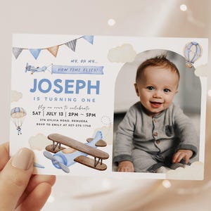 Airplane Birthday Invitation, Airplane Photo Invite, How time flies, Boy 1st Birthday, Instant Download, Editable/Printable template, #H059