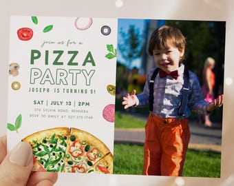 Pizza Themen Party Photo Invitation, Pizza making Birthday Invite, Kids Birthday Party, Instant Download, Editable/Printable template, #H060