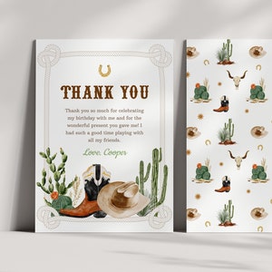 Editable Cowboy Birthday Thank You Card, Wild West Party Thank You Note, Boy Birthday, Printable Template, Instant Download, #H032