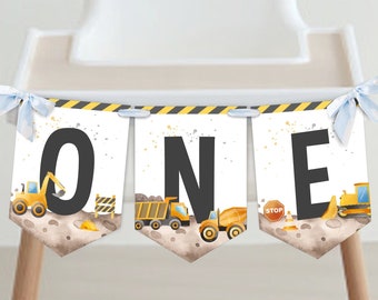 Editable Construction ONE High Chair Banner, Digger Birthday Bunting Banner, Birthday Boy, Instant Download, Printable template, #H018