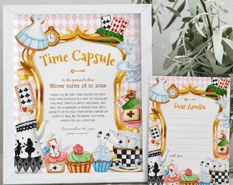 Editable Alice in Wonderland Time Capsule Sign, Matching Message Cards, Girl 1st Birthday, Instant Download, Printable Template, #H029