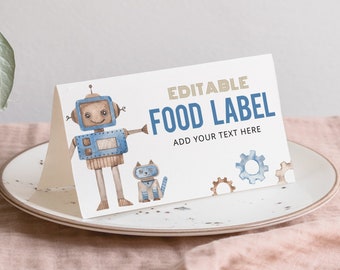 Editable Robot Birthday Food Labels, Robot Party Place Card, Kids Birthday Decor, Instant Download, Printable template, #H010