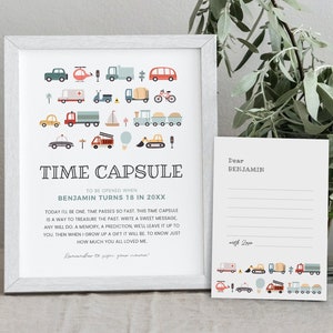 Sinal editável da cápsula do tempo do aniversário do transporte, cartões de mensagem correspondentes, primeiro aniversário do menino, download instantâneo, modelo para impressão, #H025