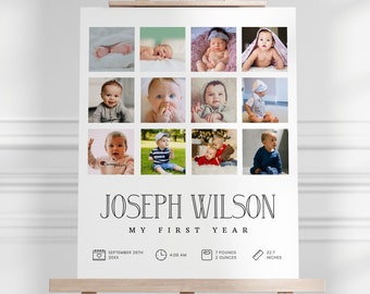 May include: A white poster on an easel featuring a collage of baby photos. The poster includes the name "JOSEPH WILSON" and the text "MY FIRST YEAR." Additional details include the baby's birth date, time, weight (7 pounds, 2 ounces), and height (22.7 inches).