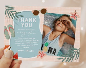 Tarjeta de agradecimiento con foto editable para fiesta en la piscina, nota de agradecimiento para cumpleaños de niña en verano, fiesta en la piscina, plantilla imprimible, descarga instantánea, n.° H057