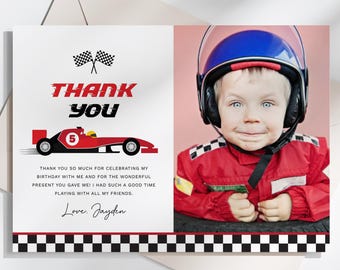 Race Car Birthday Thank You Card, Racing Car Party Photo Thank You Note, Boy Birthday, Editable/Printable Template, Instant Download, #H044