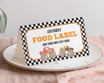 Editable Monster Truck Birthday Food Labels, Truck Party Folded Cards, Birthday Place Cards, Instant Download, Printable template, #H003