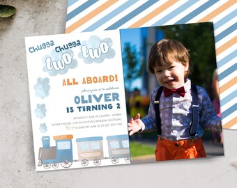 May include: A blue and orange train invitation with a watercolor background. The invitation says "Chugga Chugga Two Two" and "All Aboard! Please join us to celebrate Oliver is turning 2". There is a photo of a young boy in a blue shirt and orange pants.