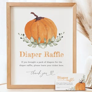 Letrero y boleto a juego para la rifa de pañales de calabaza para baby shower, rifa de pañales para fiesta de otoño, descarga instantánea, plantilla editable/imprimible, n.° S007