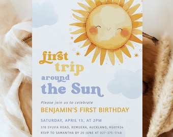 First Trip Around the Sun Invitation : Sun 1st Birthday (Instant Download, Editable/Printable template), #H071