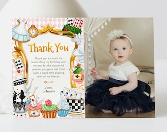 Editable Alice in Wonderland Photo Thank You Card, Tea Party Thank You Note, Girl Birthday, Printable Template, Instant Download, #H029