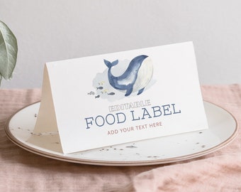 Editable Whale Baby Shower Food Label, Whale Folded Card, Minimalist Ocean Food Card, Instant Download, Printable template, #H005