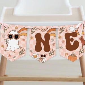 Retro Halloween Birthday ONE High Chair Banner, Spooky Party Banner, Girl 1st Birthday, Instant Download, Editable/Printable template, #H064